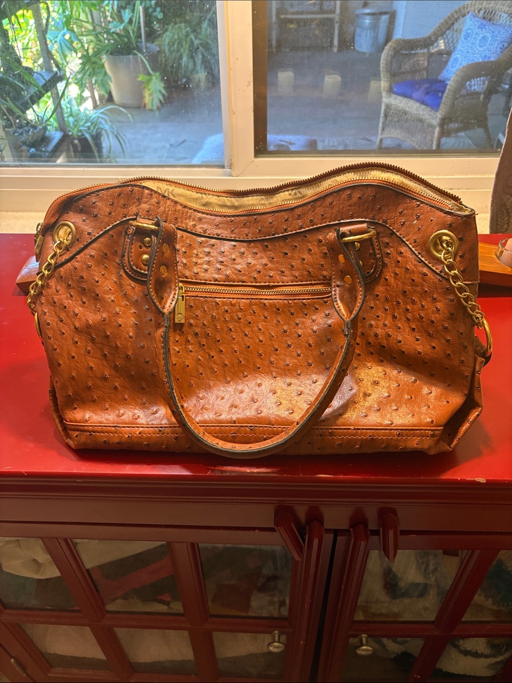Michael Kors Cognac Ostrich-Embossed Tote with Gold Chain Accents